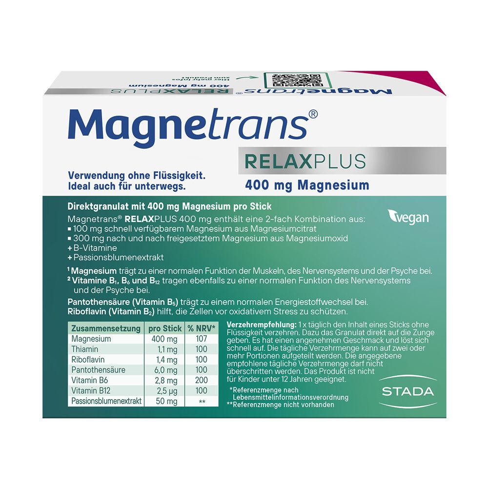 Rückseite der Magnetrans RelaxPlus Verpackung. Informationen zu Inhaltsstoffen, Anwendung und Nährwerten.