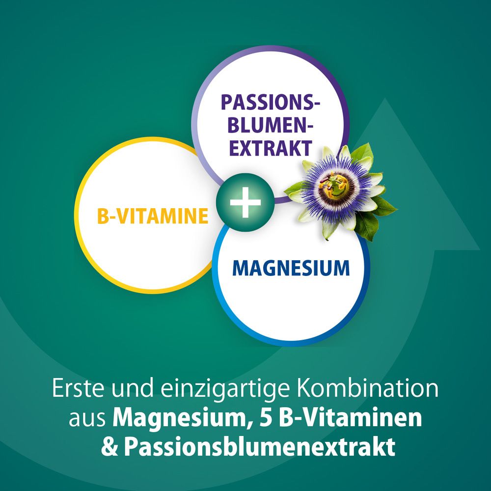 Grafik mit den Inhaltsstoffen von Magnetrans RelaxPlus: Magnesium, B-Vitamine und Passionsblumenextrakt.