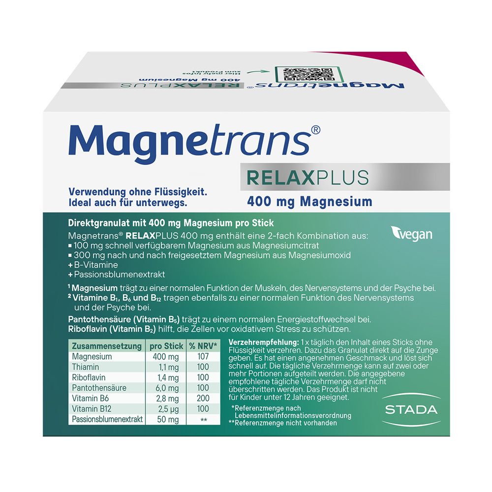 Rückseite der Schachtel Magnetrans RelaxPlus. Informationen zu Inhaltsstoffen, Dosierung und vegan.