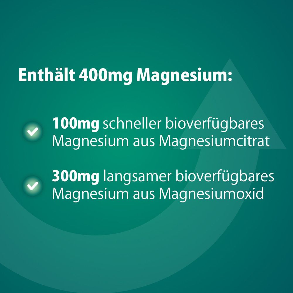 Grafik mit Informationen über Magnesium. 100mg schnell, 300mg langsam verfügbar.