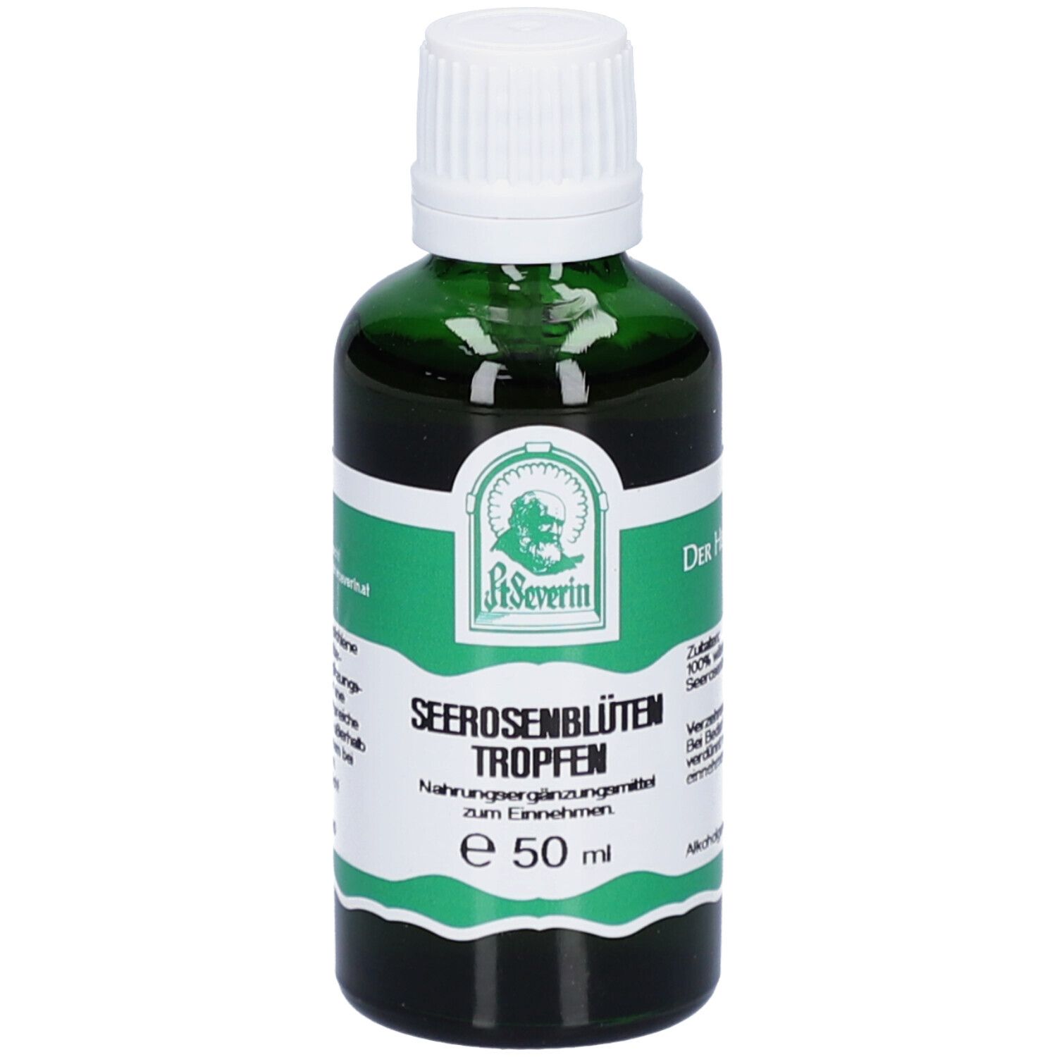 Grüne Glasflasche mit weißem Deckel. Etikett mit Produktnamen und Logo. Enthält 50 ml.