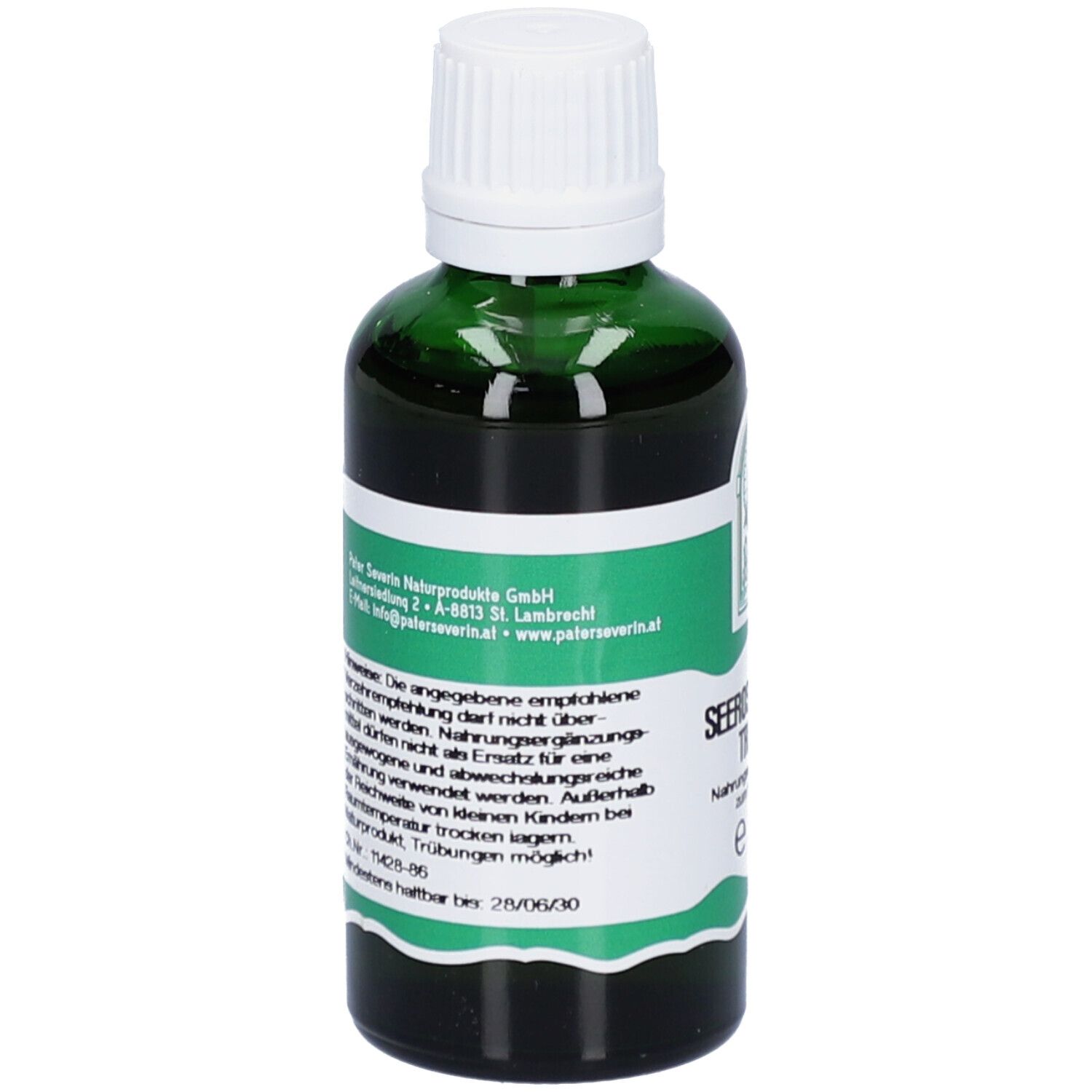 Rückansicht der grünen Glasflasche. Etikett mit Text und Herstellerinformationen.