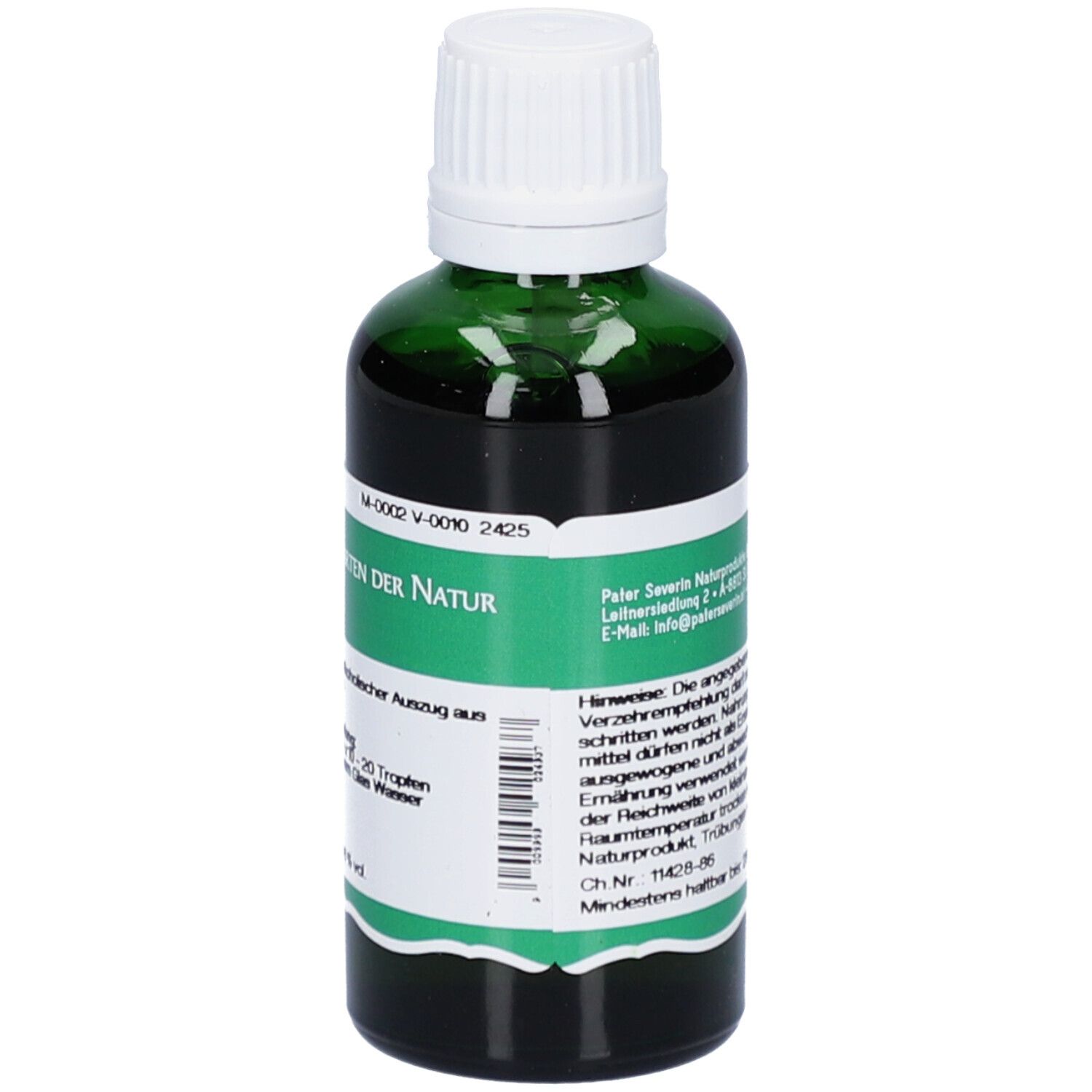 Grüne Glasflasche mit weißem Deckel. Etikett mit Produktnamen und Logo. Enthält 50 ml.