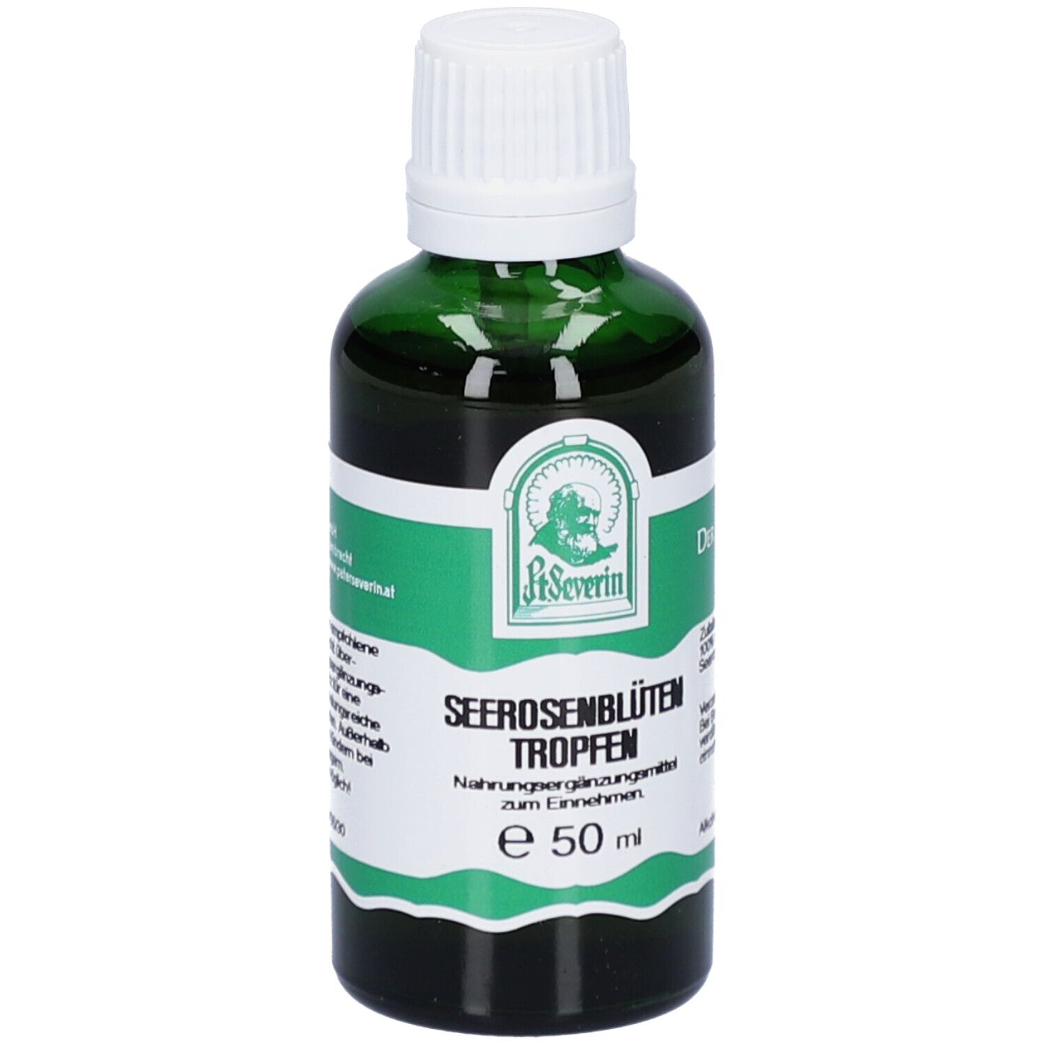 Grüne Glasflasche mit weißem Deckel. Etikett mit Produktnamen und Logo. Enthält 50 ml.