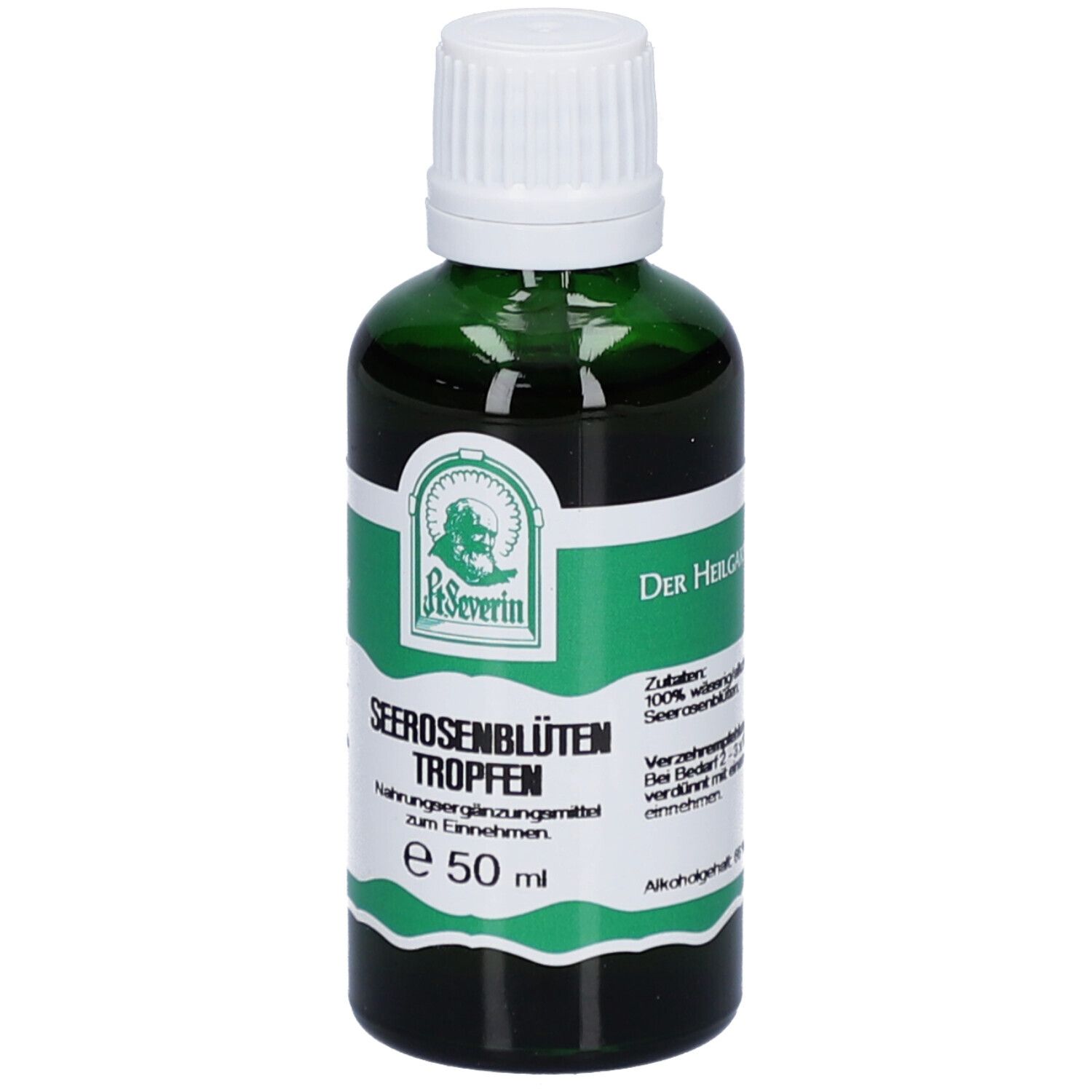 Grüne Glasflasche mit weißem Deckel. Etikett mit Produktnamen und Logo. Enthält 50 ml.