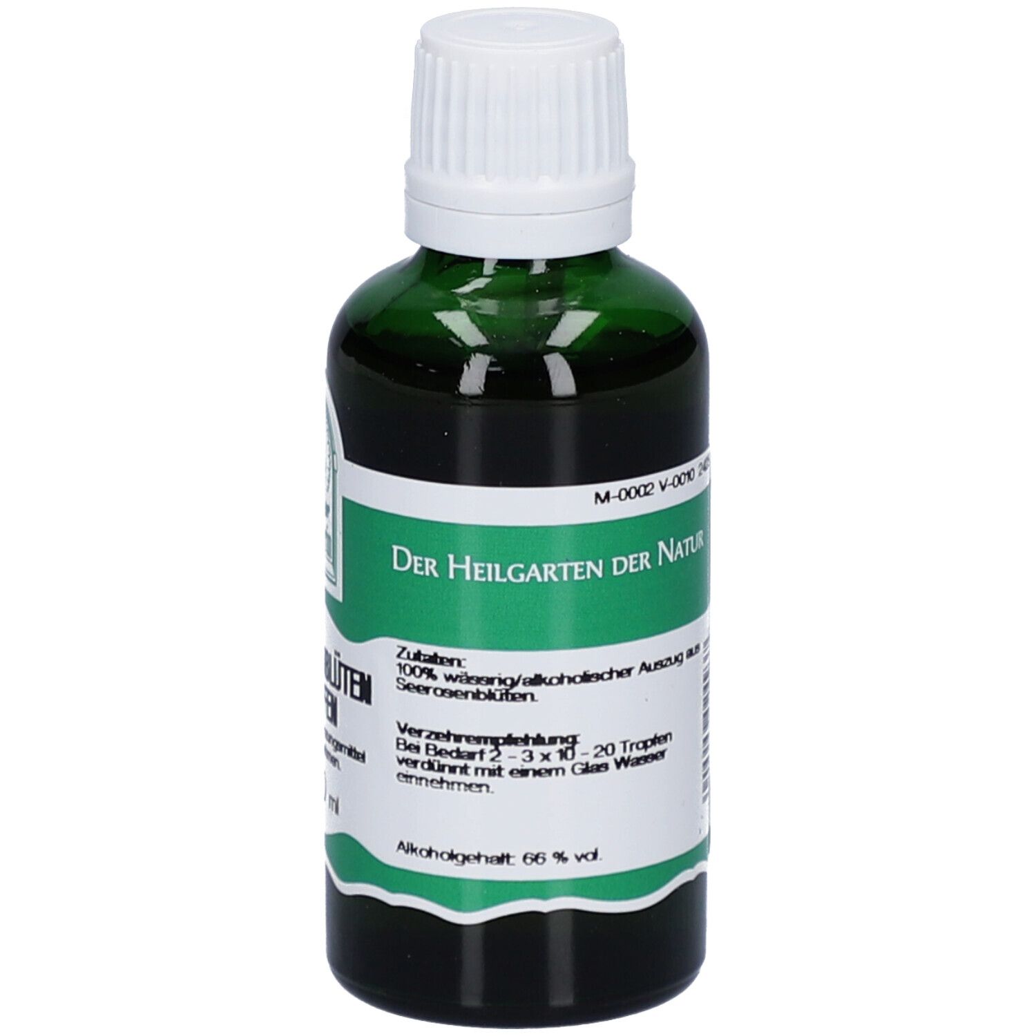Grüne Glasflasche mit weißem Deckel. Etikett mit Produktnamen und Logo. Enthält 50 ml.