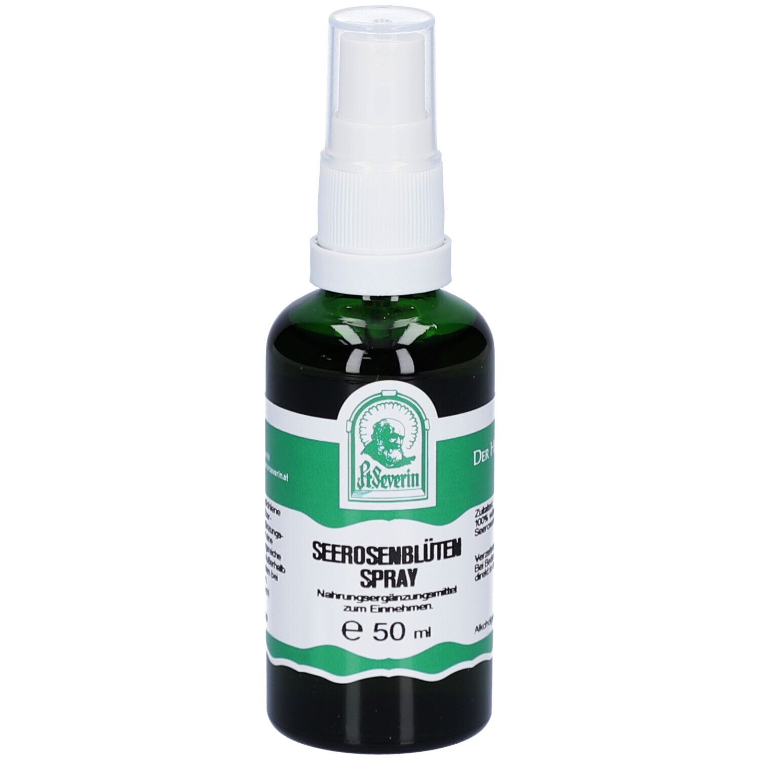Grüne Glasflasche mit weißem Sprühkopf. Aufschrift: SEEROSENBLÜTEN SPRAY, e 50 ml. Logo: Pater Severin.