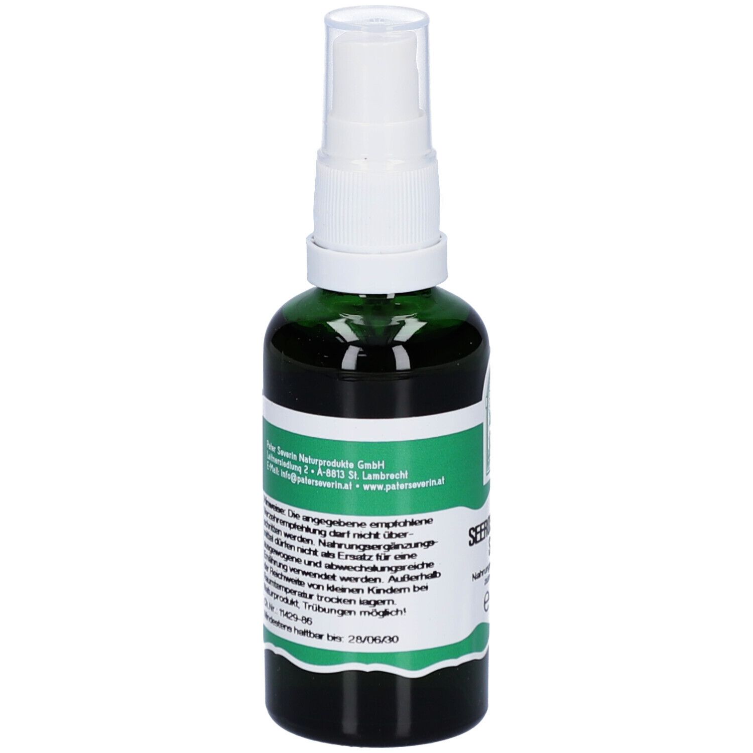 Grüne Glasflasche mit weißem Sprühkopf. Rückseite mit Text und Logo: Pater Severin Naturprodukte.