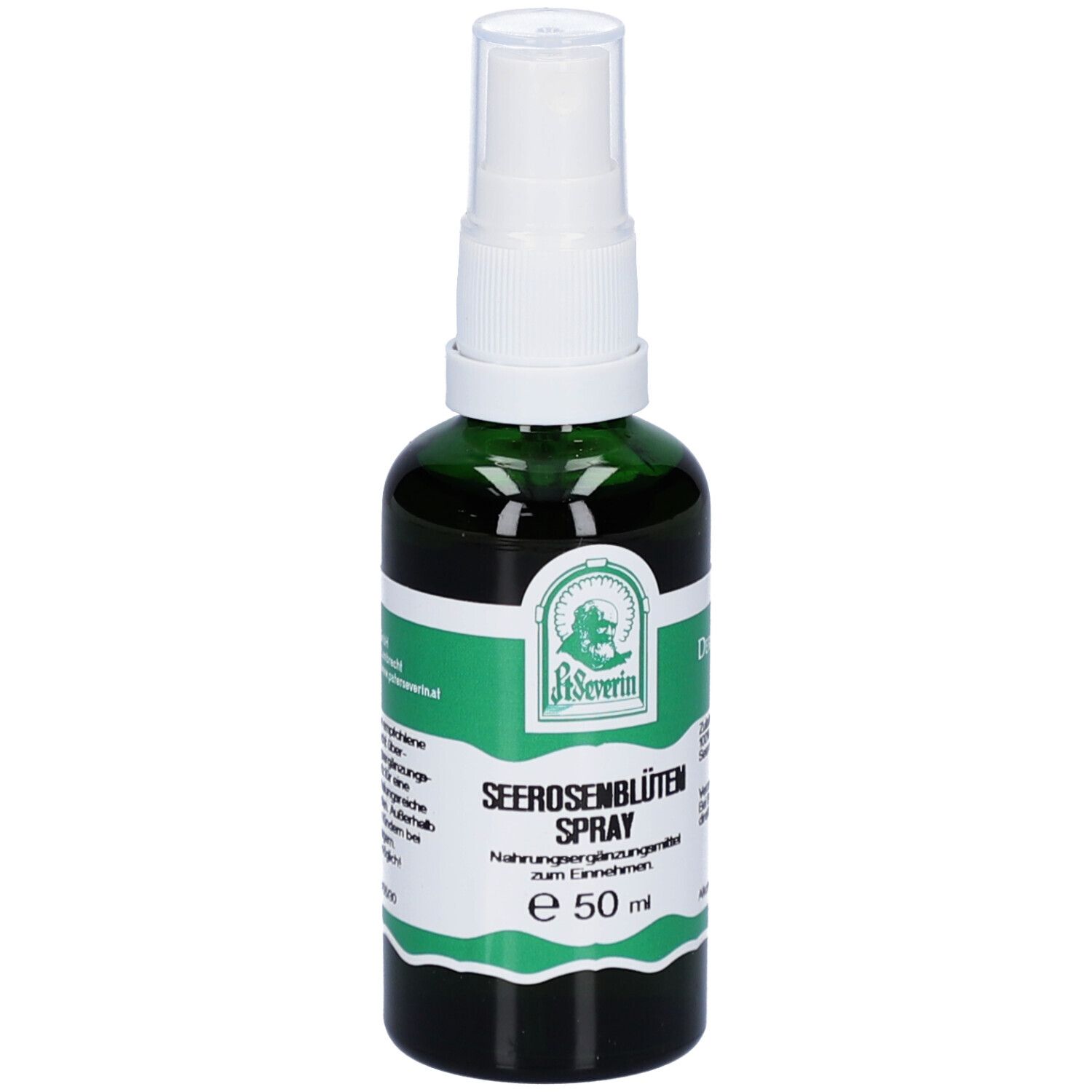 Grüne Glasflasche mit weißem Sprühkopf. Aufschrift: SEEROSENBLÜTEN SPRAY, e 50 ml. Logo: Pater Severin.