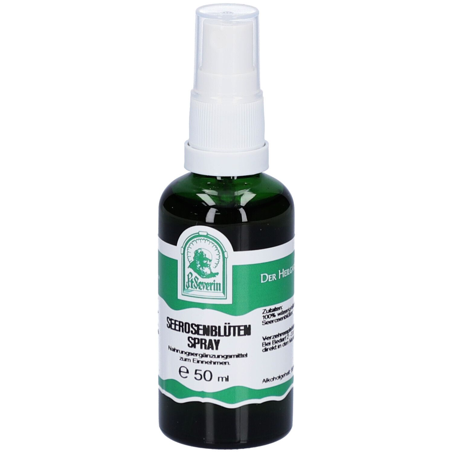 Grüne Glasflasche mit weißem Sprühkopf. Aufschrift: SEEROSENBLÜTEN SPRAY, e 50 ml. Logo: Pater Severin.