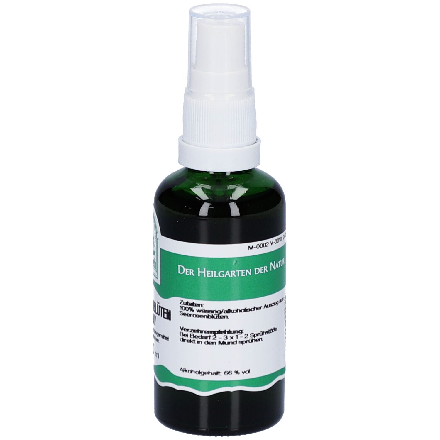 Grüne Glasflasche mit weißem Sprühkopf. Aufschrift: SEEROSENBLÜTEN SPRAY, e 50 ml. Logo: Pater Severin.