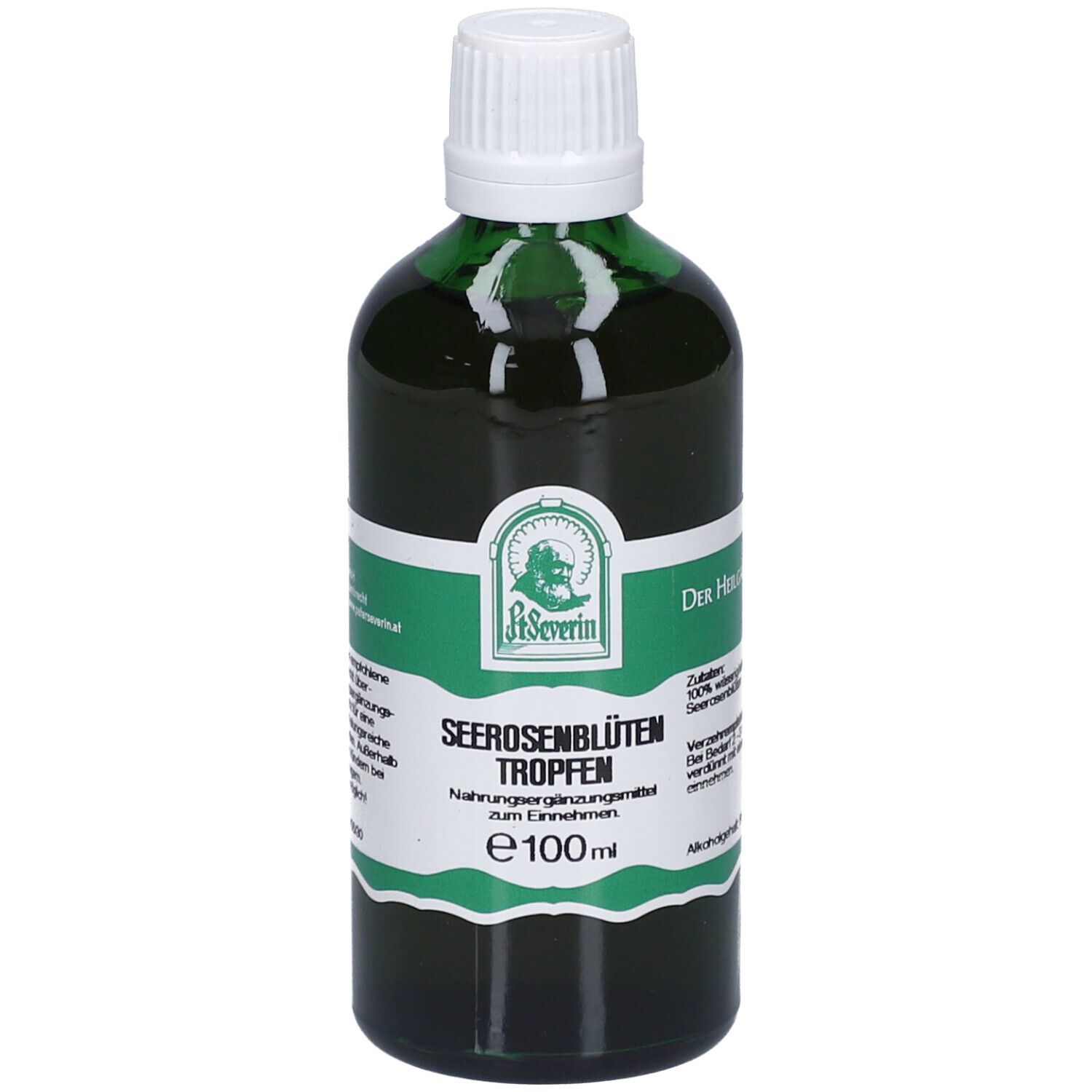 Grüne Glasflasche mit weißem Deckel. Etikett mit Produktname: SEEROSENBLÜTEN Tropfen. E100ml. Marke: St. Severin.