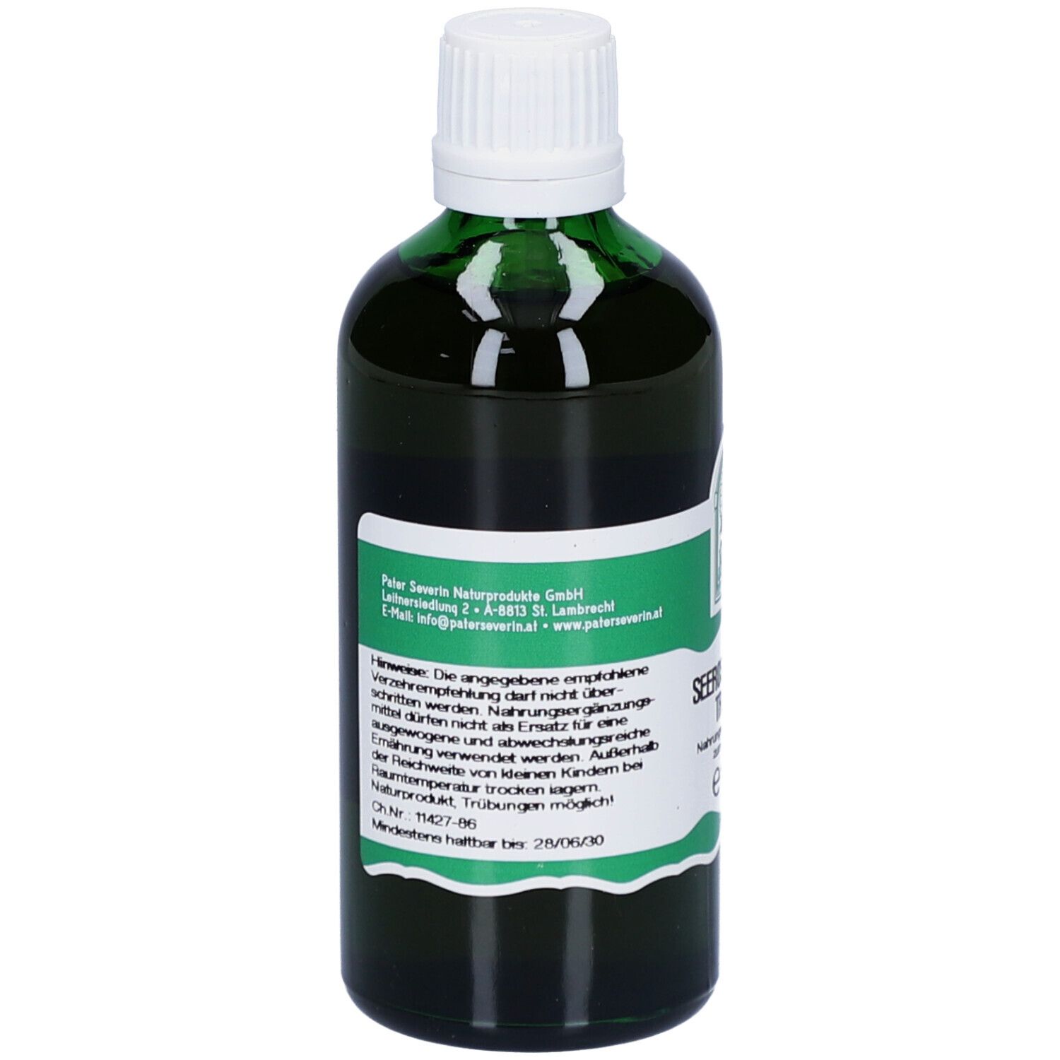 Grüne Glasflasche mit weißem Deckel. Etikett mit Produktinformationen. Text in deutscher Sprache. Marke: St. Severin.