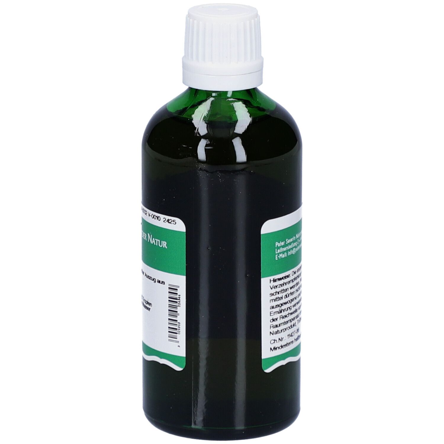 Grüne Glasflasche mit weißem Deckel. Etikett mit Produktinformationen. Text in deutscher Sprache. Marke: St. Severin.
