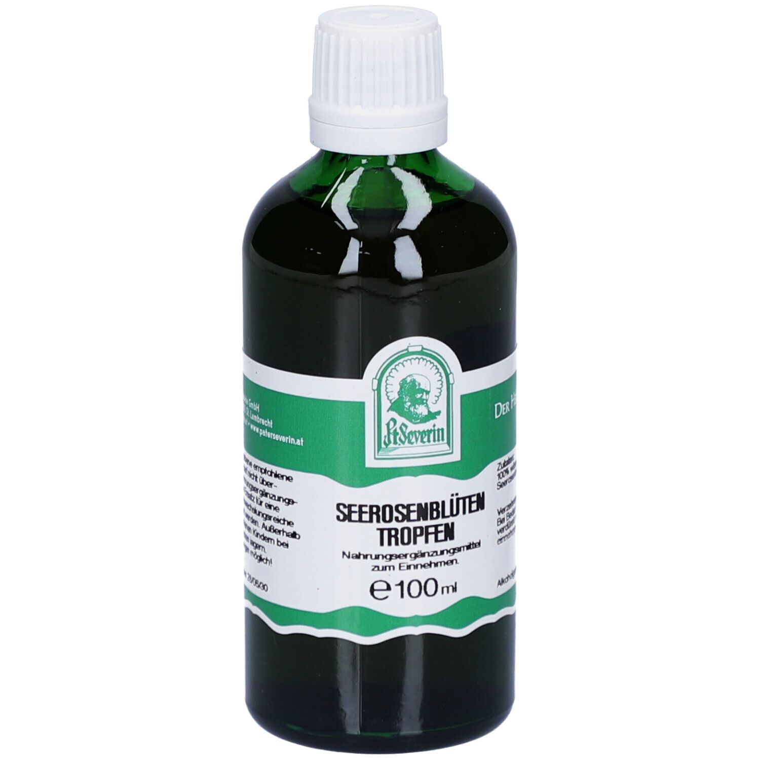 Grüne Glasflasche mit weißem Deckel. Etikett mit Produktname: SEEROSENBLÜTEN Tropfen. E100ml. Marke: St. Severin.