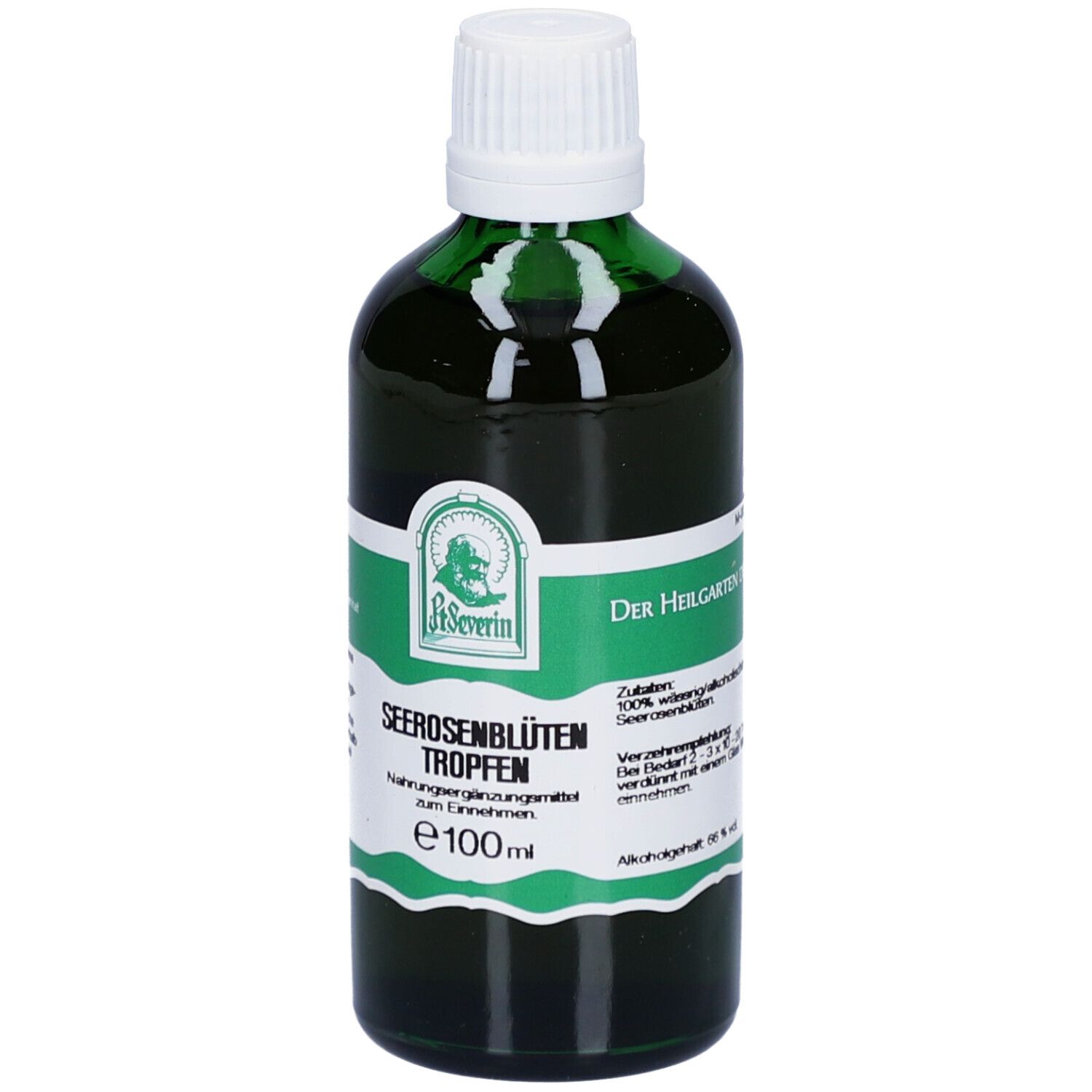 Grüne Glasflasche mit weißem Deckel. Etikett mit Produktname: SEEROSENBLÜTEN Tropfen. E100ml. Marke: St. Severin.