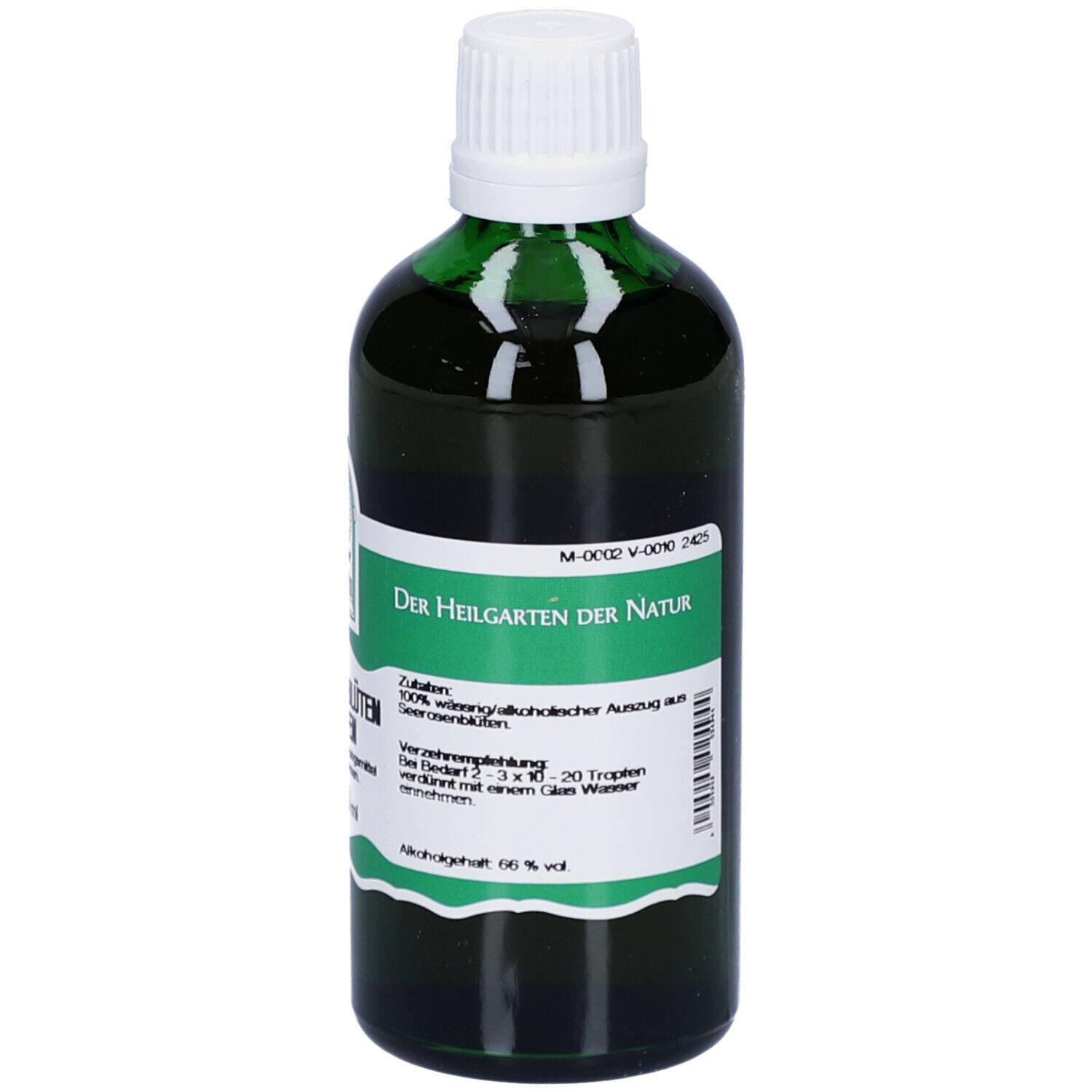 Grüne Glasflasche mit weißem Deckel. Etikett mit Produktinformationen. Text in deutscher Sprache. Marke: St. Severin.