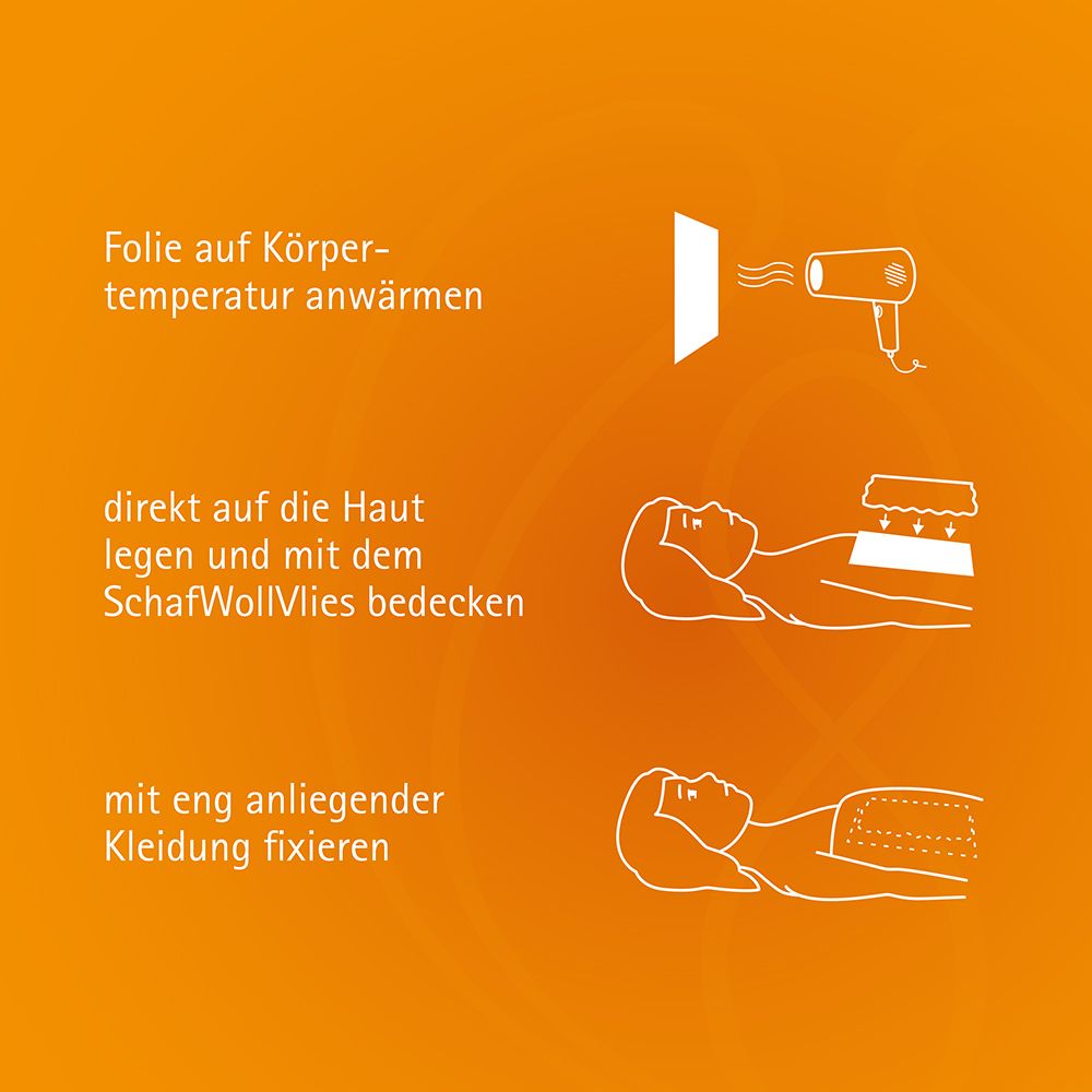 Anwendungshinweise für VirusRescueWickel: Folie erwärmen, auflegen, mit Kleidung fixieren.