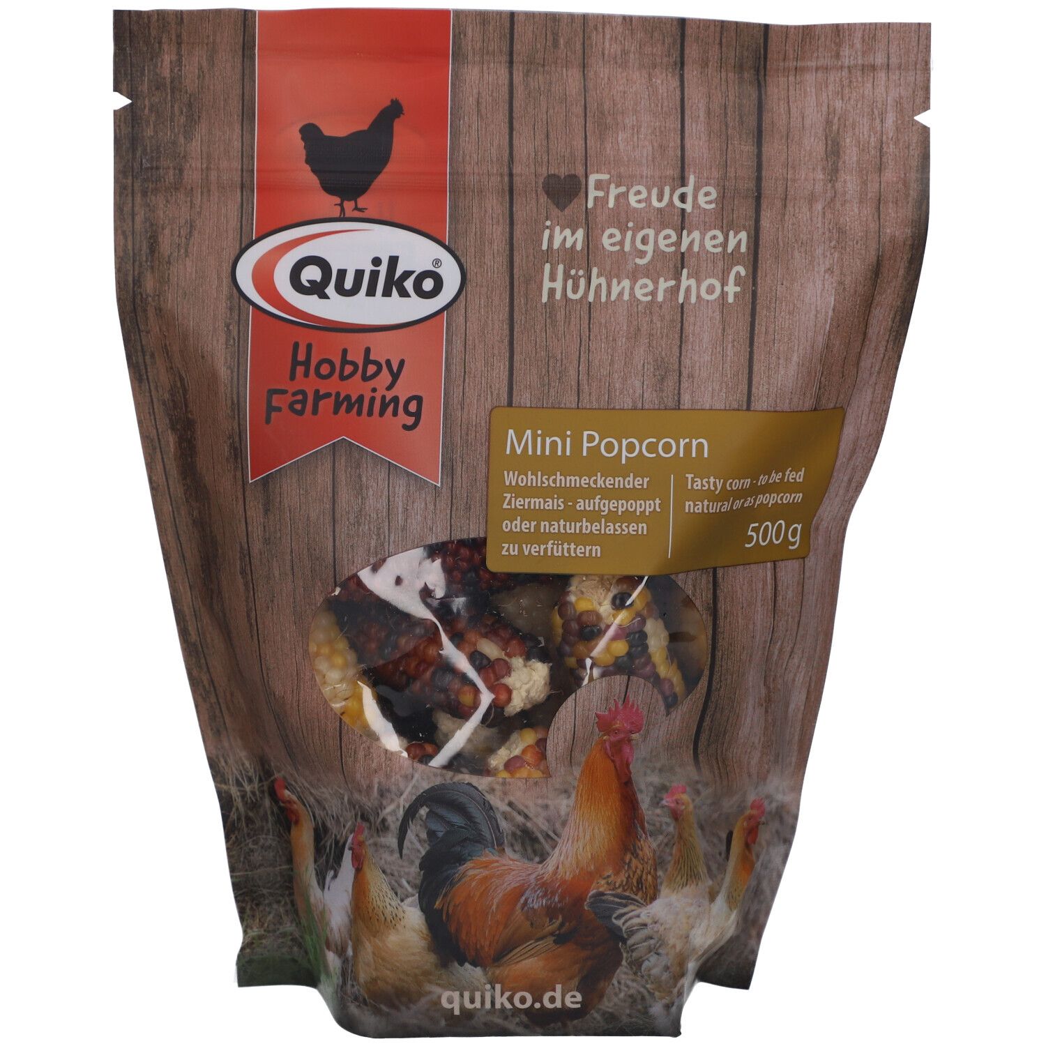 QUIKO Hobby Farming Mini Popcorn. Beutel mit Sichtfenster. Aufdruck mit Produktname, Logo, und Text. 500g.