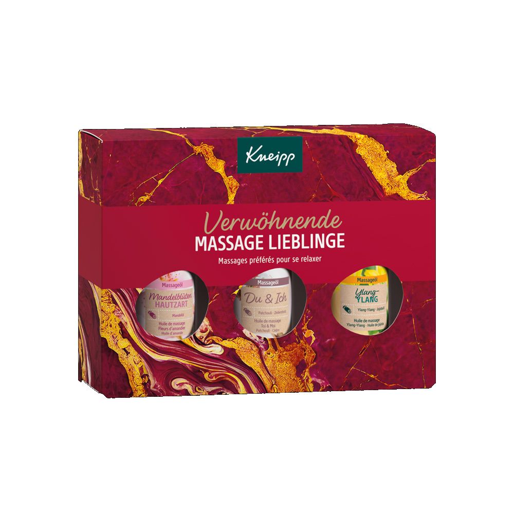 Kneipp Geschenkbox mit drei Massageölen. Rote Verpackung mit goldfarbenen Akzenten. Produktnamen: Mandelblüten Hautzart, Du & Ich, Ylang Ylang.