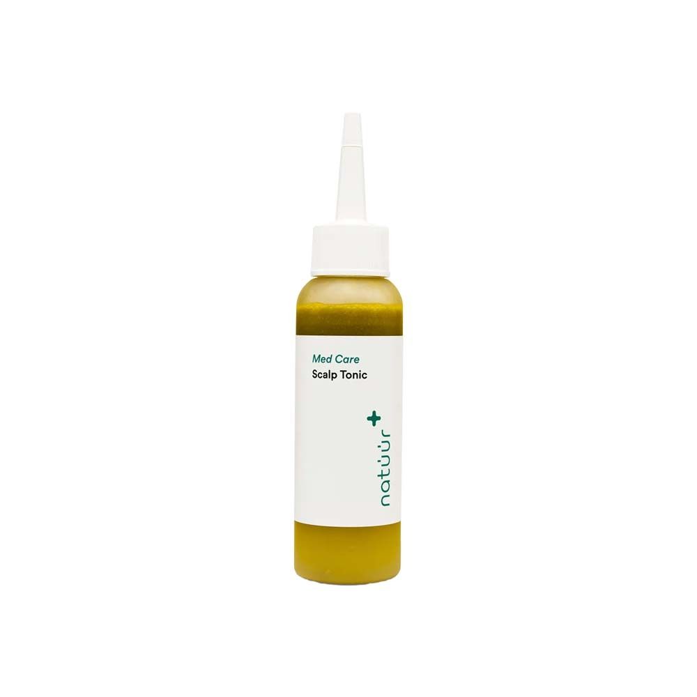 Flasche natüür Scalp Tonic mit Applikator. Gelbliche Flüssigkeit in weißer Flasche mit weißem Etikett.