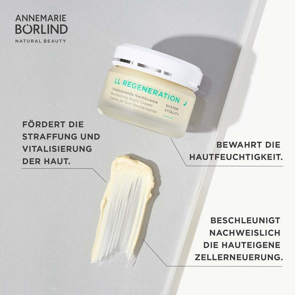 Creme-Tiegel mit Creme-Abstrich. Text: Fördert Straffung, bewahrt Feuchtigkeit, beschleunigt Zellerneuerung.