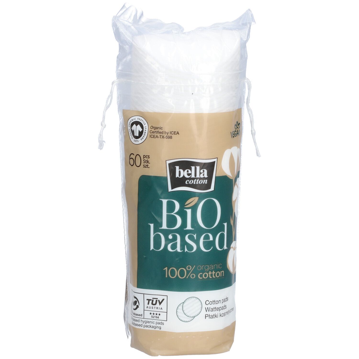 Verpackung mit Wattepads. Aufschrift: bella cotton Bio based, 100% organic cotton. 60 Stück. Vegan.