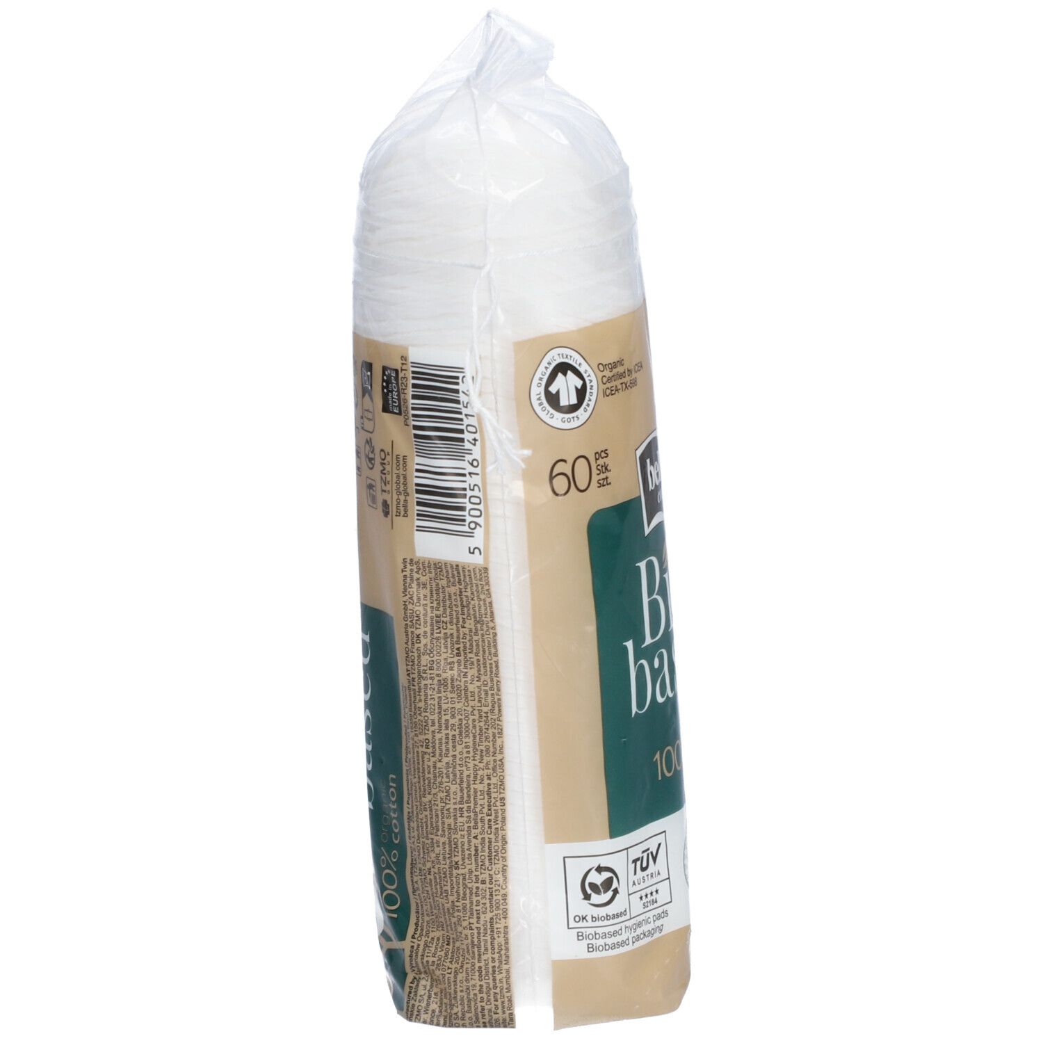 Verpackung mit Wattepads. Aufschrift: bella cotton Bio based, 100% organic cotton. 60 Stück. Vegan.