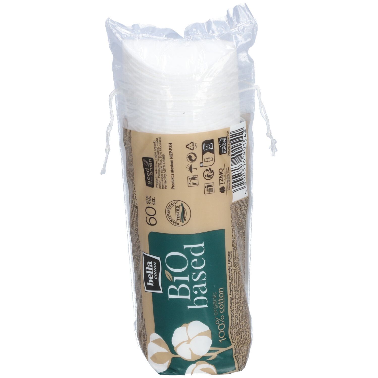 Verpackung mit Wattepads. Aufschrift: bella cotton Bio based, 100% organic cotton. 60 Stück. Vegan.