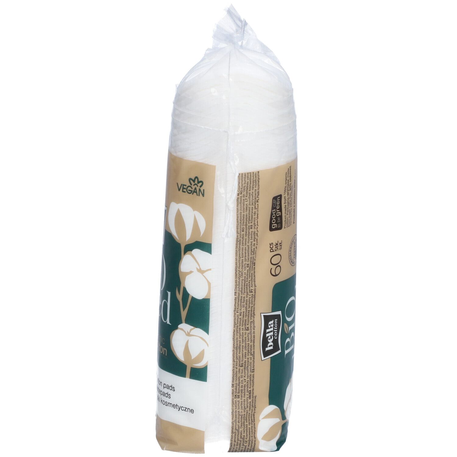 Verpackung mit Wattepads. Aufschrift: bella cotton Bio based, 100% organic cotton. 60 Stück. Vegan.
