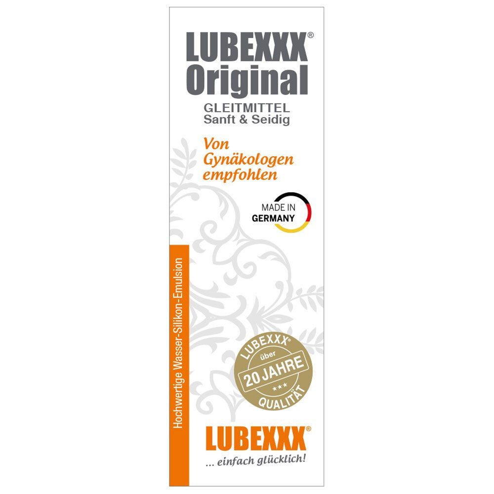 Schmale Verpackung LUBEXXX® Original Gleitmittel. Weiß, mit Logo, Text und Siegel.