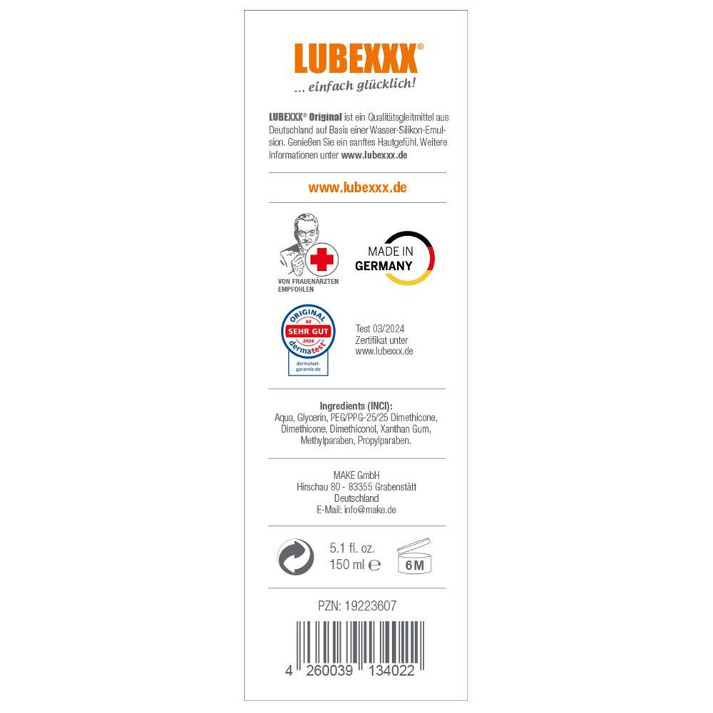 Rückseite der Verpackung von LUBEXXX® Original Gleitmittel. Text, Logos, Inhaltsstoffe und Kontakt.