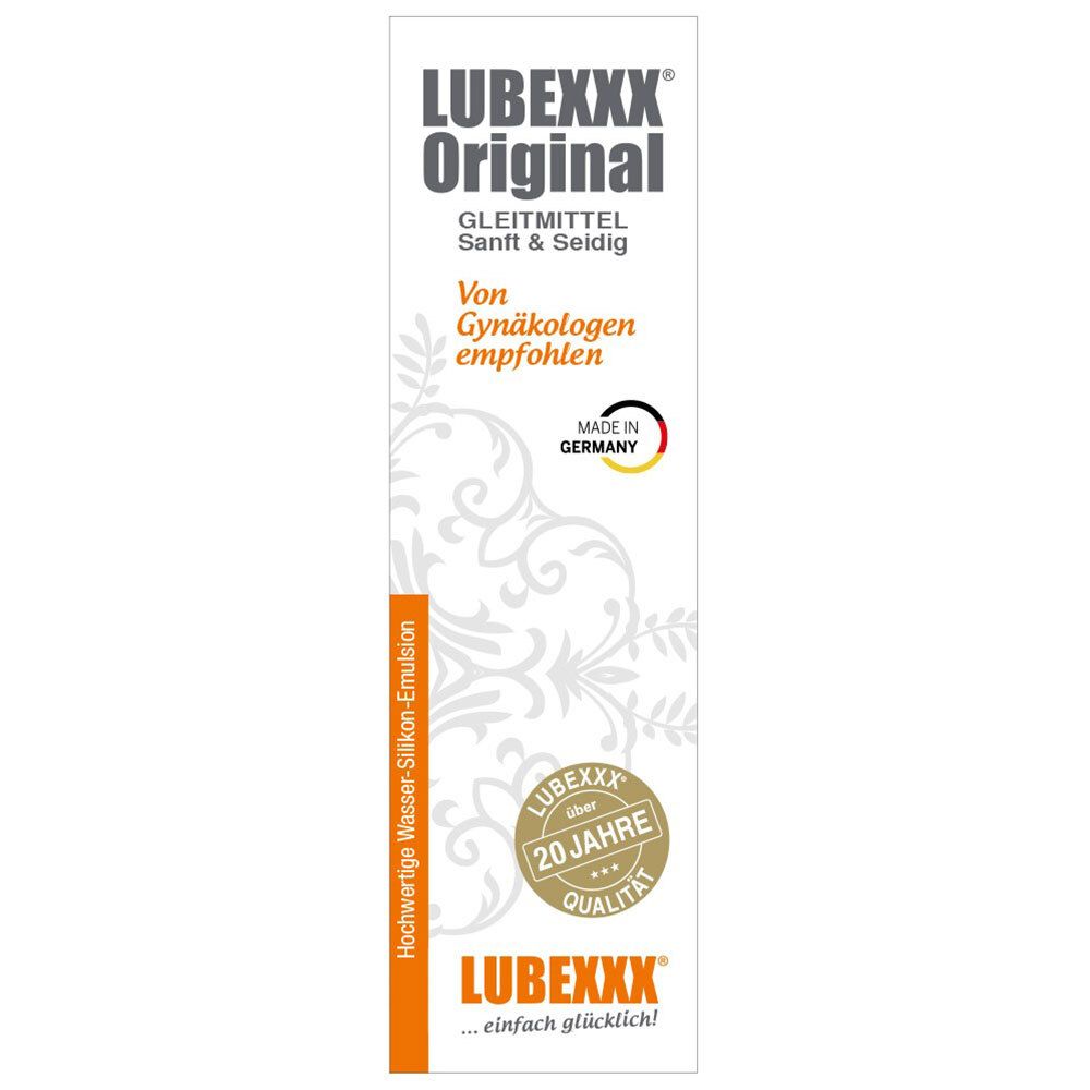 Verpackung LUBEXXX Original Gleitmittel. Weiß, schwarzer Deckel, orangefarbene Akzente, Schriftzug.