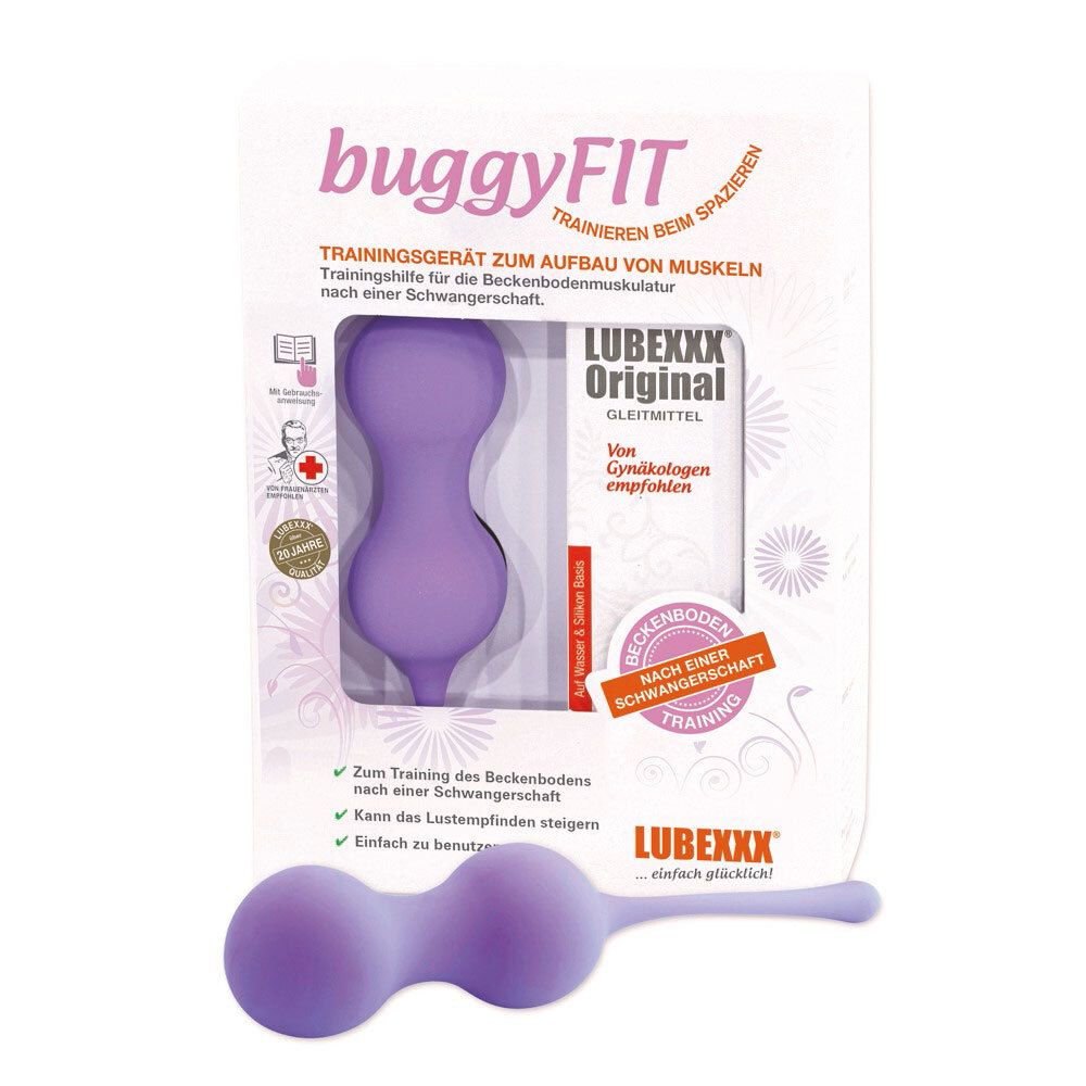 LUBEXXX® buggyFIT-Trainingsgerät. Lila, birnenförmig. In Verpackung mit Gleitmittel. Empfohlen von Gynäkologen.