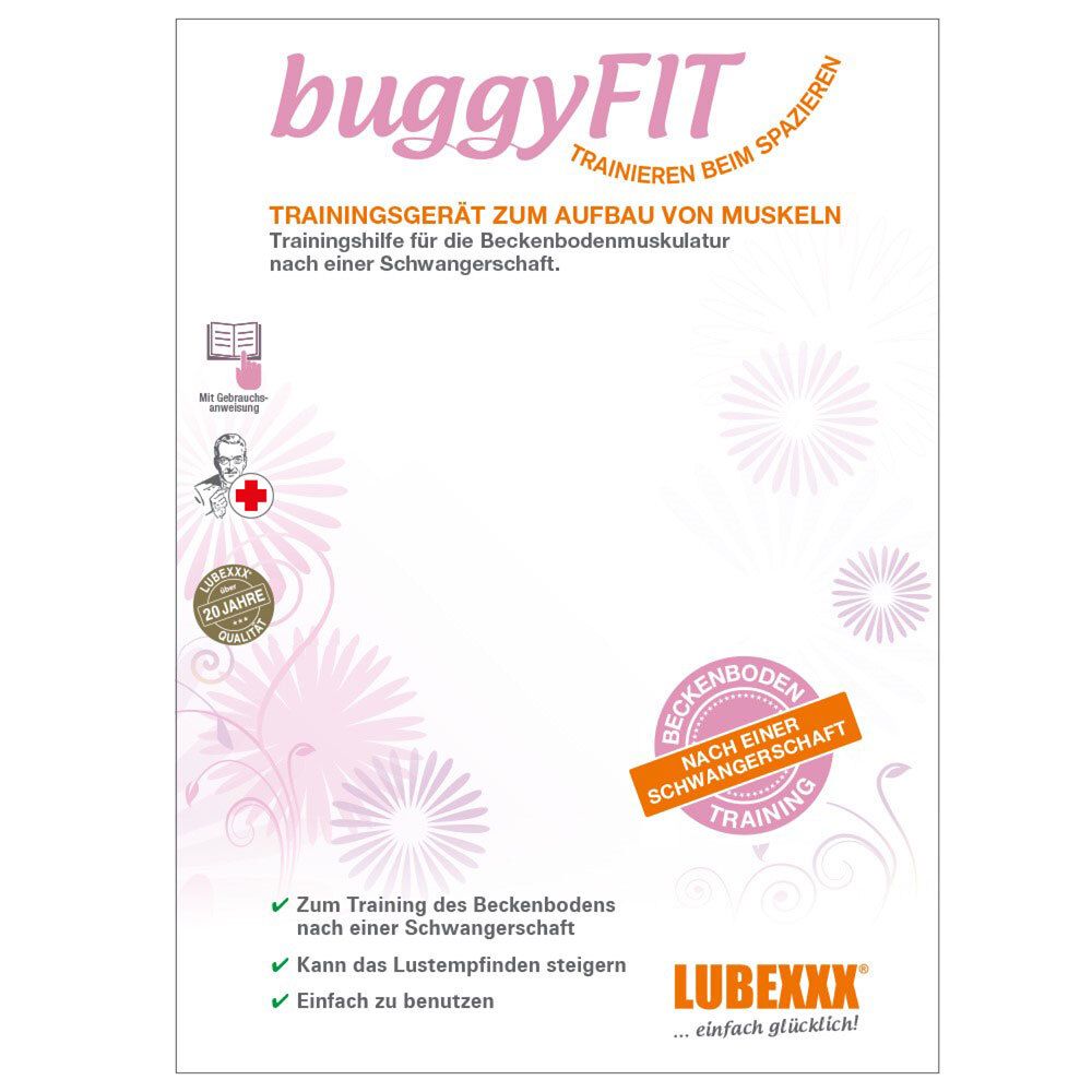 Verpackung von LUBEXXX® buggyFIT. Weiß mit rosa Akzenten. Text: Trainingsgerät für Beckenbodenmuskulatur. Mit Illustrationen.
