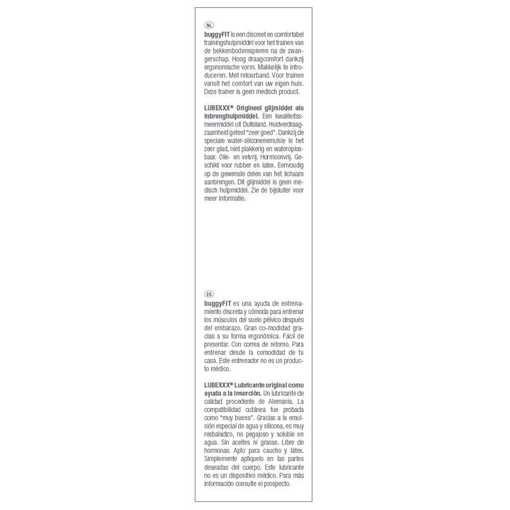 Text auf Niederländisch und Spanisch. Beschreibt LUBEXXX® Original Gleitmittel und buggyFIT. Enthält Informationen zur Anwendung.