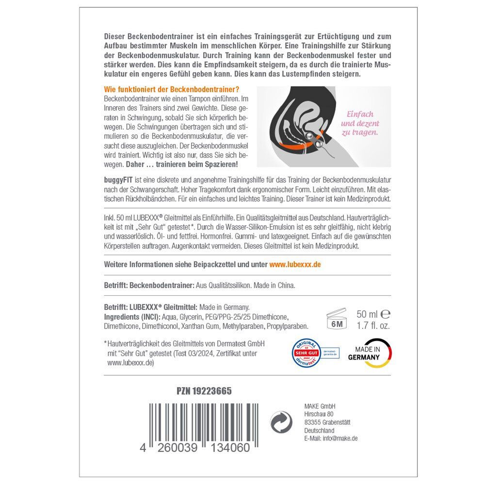 Rückseite der Verpackung von LUBEXXX® buggyFIT. Text über Beckenbodentraining und Gleitmittel. Made in Germany.