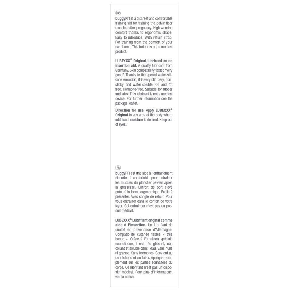 Text auf Englisch und Französisch. Beschreibt LUBEXXX® Original Gleitmittel und buggyFIT. Enthält Anwendungshinweise.