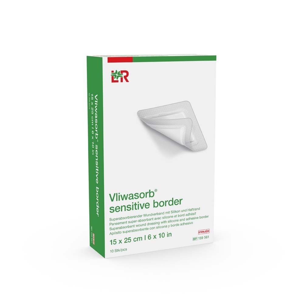 Verpackung von Vliwasorb sensitive border. Weißer Karton mit grünem Akzent. Produktname und Größe sind angegeben. Zeigt ein Wundverband.