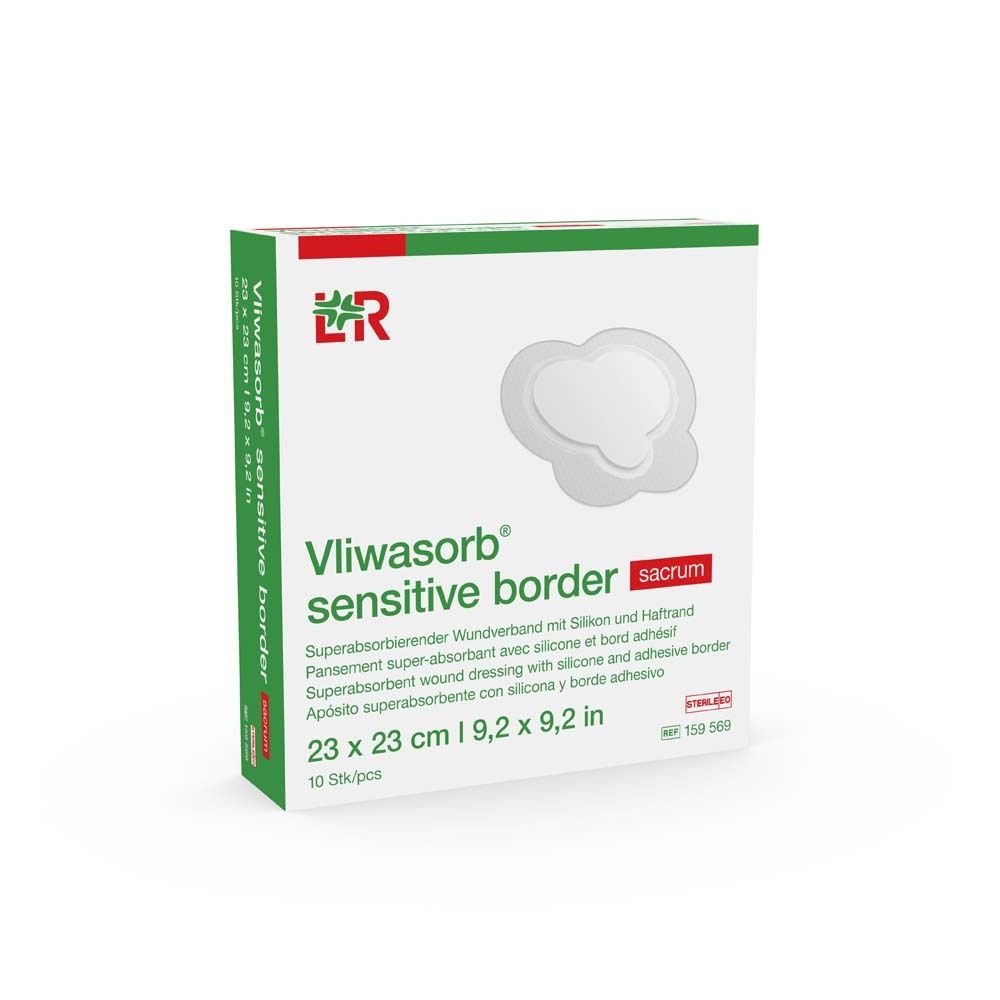 Verpackung von Vliwasorb sensitive border, 23 x 23 cm. Zehn Stück. Mit Logo und Produktbezeichnung.