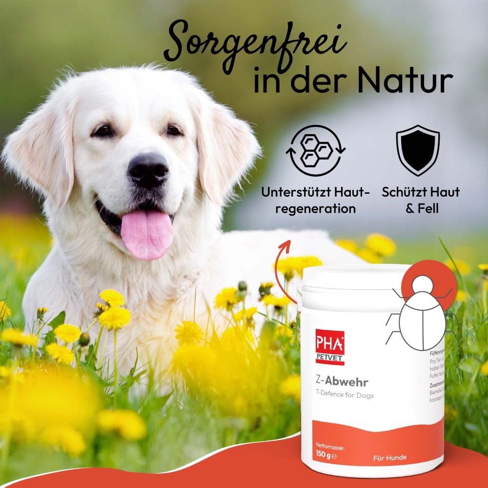 Weiße Dose mit rotem Akzent. Aufdruck: PHA PETVET Z-Abwehr T-Defence for Dogs. Hund im Gras.