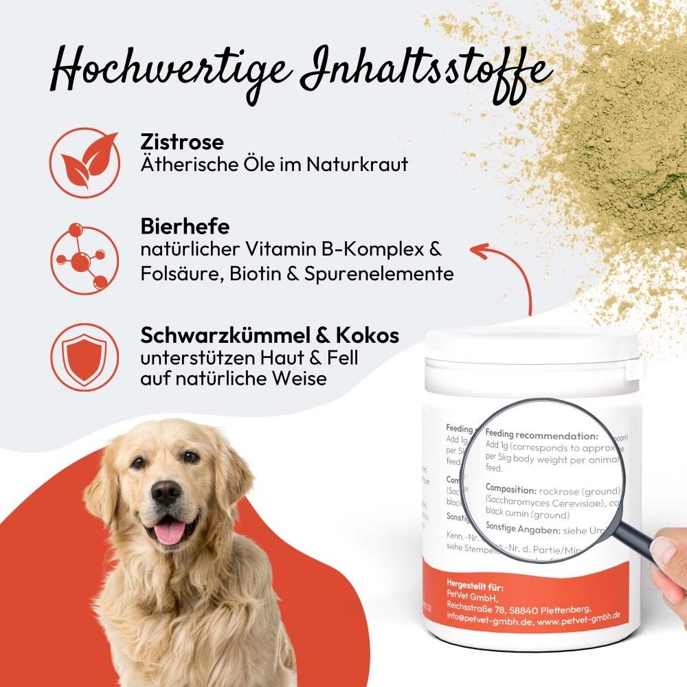 Weiße Dose mit rotem Akzent. Aufdruck: PHA PETVET Z-Abwehr. Inhaltsstoffe und Lupe.
