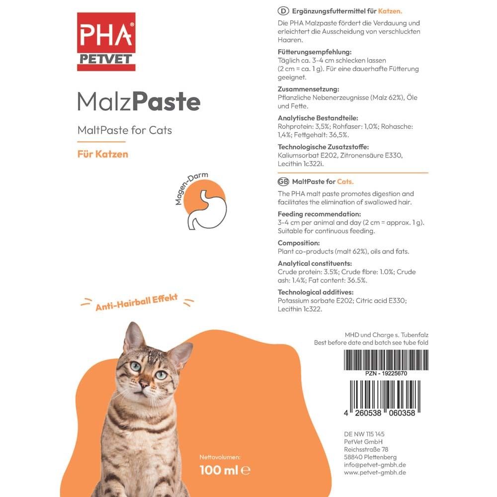 Tube mit PHA PETVET Logo und MalzPaste Aufschrift. Text: MalzPaste for Cats. Orangefarbener Bereich mit Katze und Text.