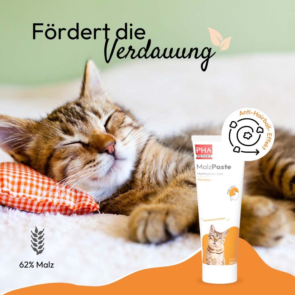Katze schläft auf Kissen. Tube mit MalzPaste. Text: Fördert die Verdauung. Anti-Hairball-Effekt Symbol. 62% Malz.