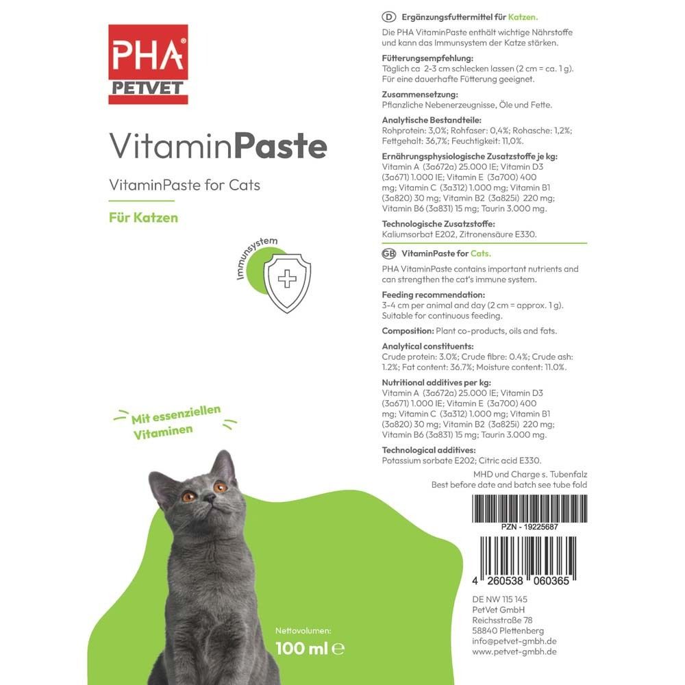 Weiße Tube mit Produktaufdruck. PHA PETVET VitaminPaste für Katzen. Katze und grüne Illustration. 100 ml.