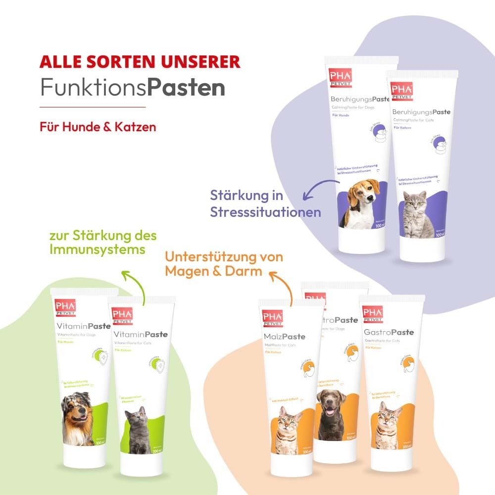 Mehrere Tuben FunktionsPasten für Hunde & Katzen. Aufdruck: VitaminPaste, MobiPaste, GastroPaste.