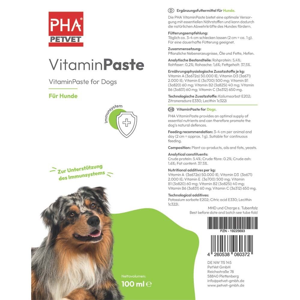 Vorderseite der Tube. Produktname: VitaminPaste. Abbildung eines Hundes. Text: Zur Unterstützung des Immunsystems. 100 ml.