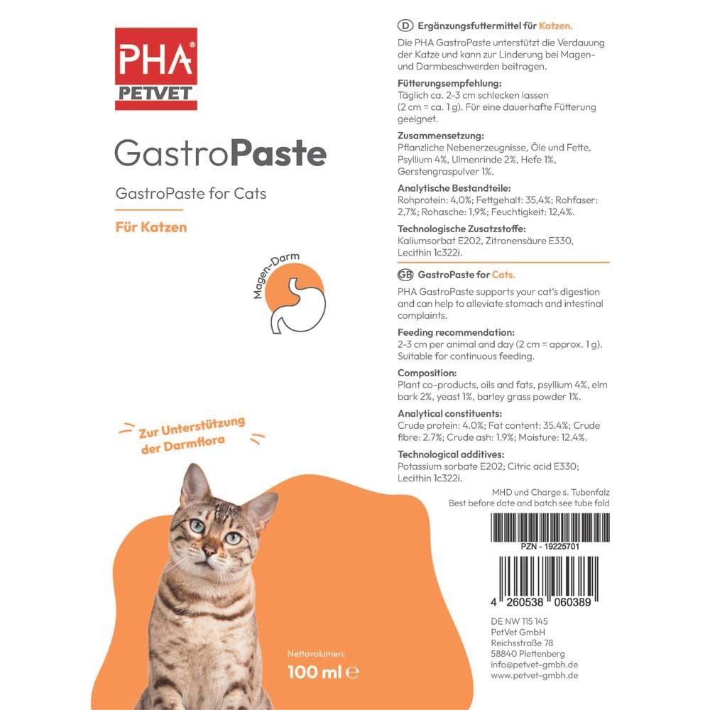 Produktverpackung mit Text und Katze. Text: PHA PetVet GastroPaste für Katzen. Orangefarbener Hintergrund. 100 ml.