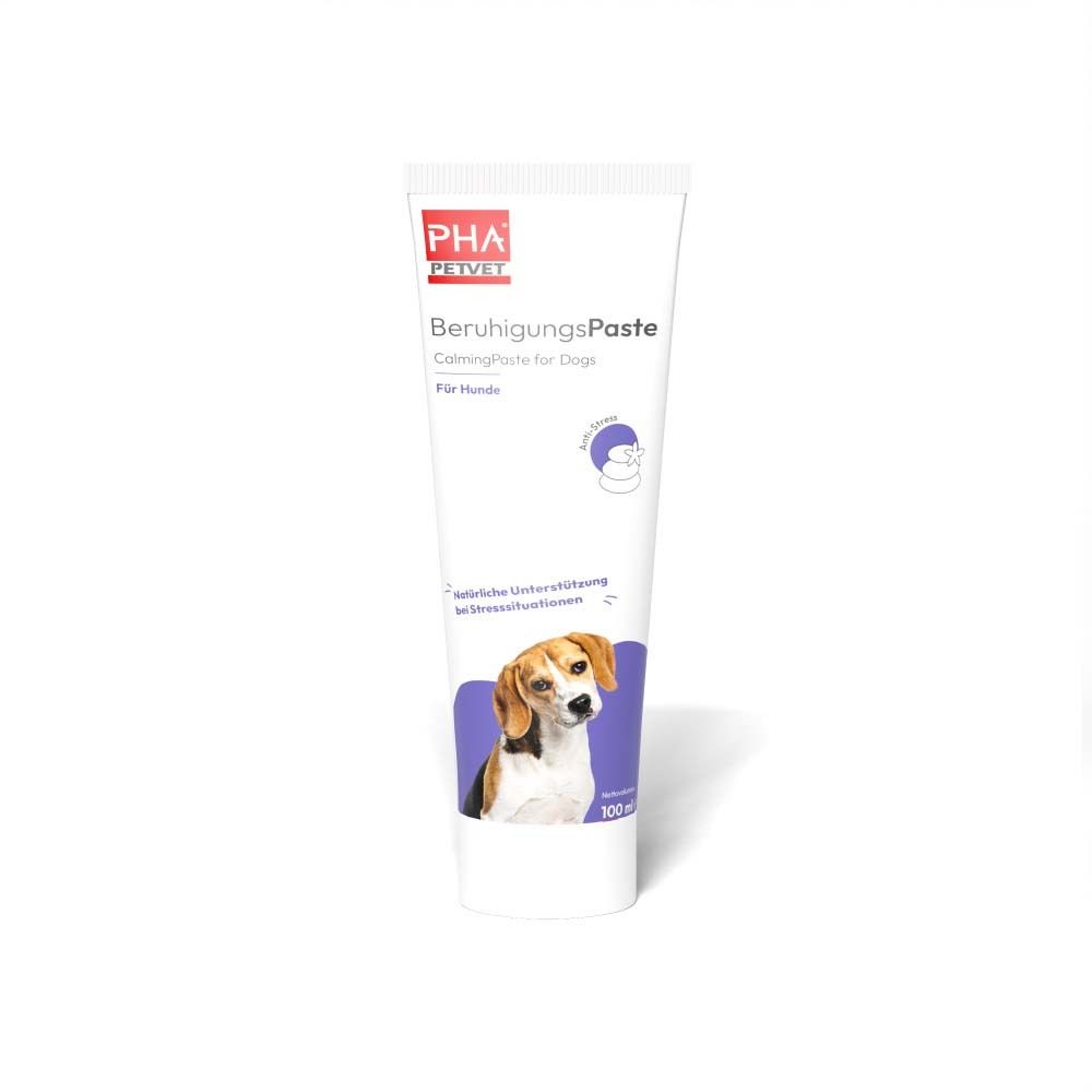 Weiße Tube mit Produktnamen und Hundebild. PHA PETVET BeruhigungsPaste für Hunde. 100 ml.