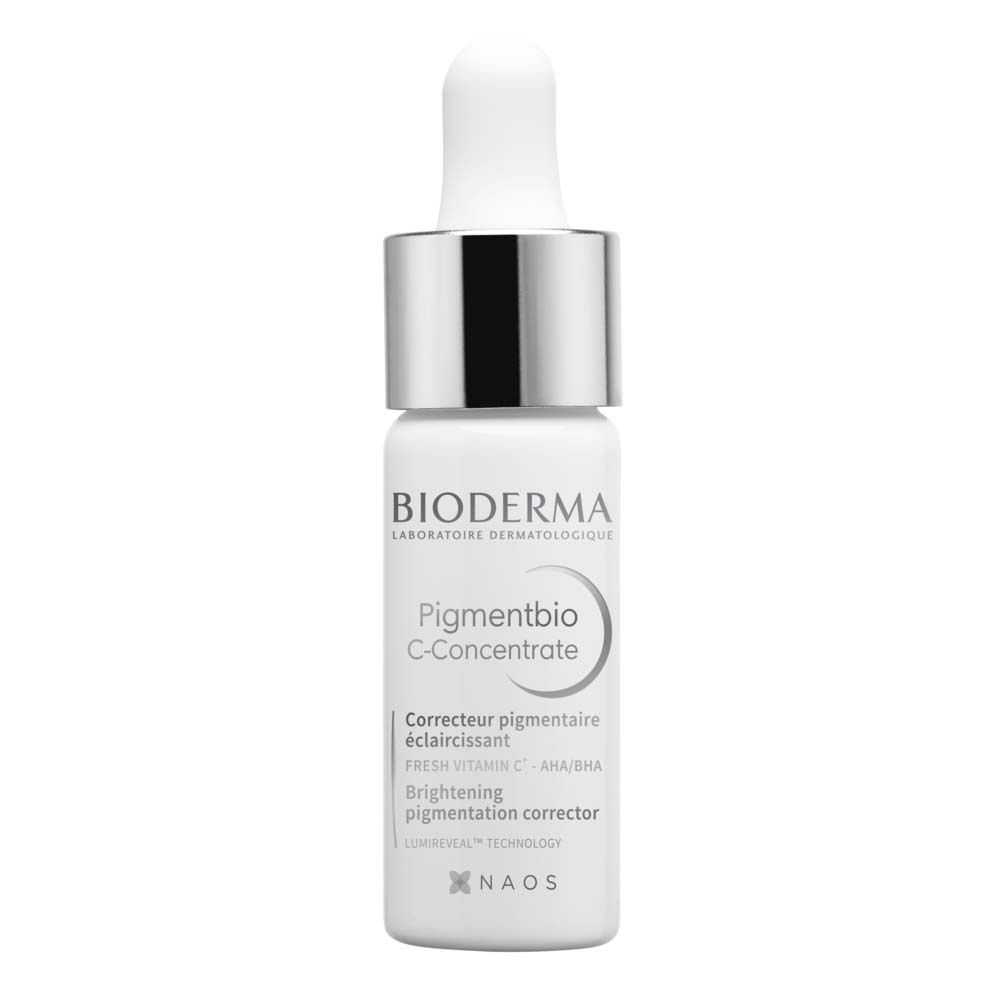 Weiße Flasche mit Pipette. Aufschrift: BIODERMA Pigmentbio C-Concentrate. Korrigiert Hyperpigmentierungen.